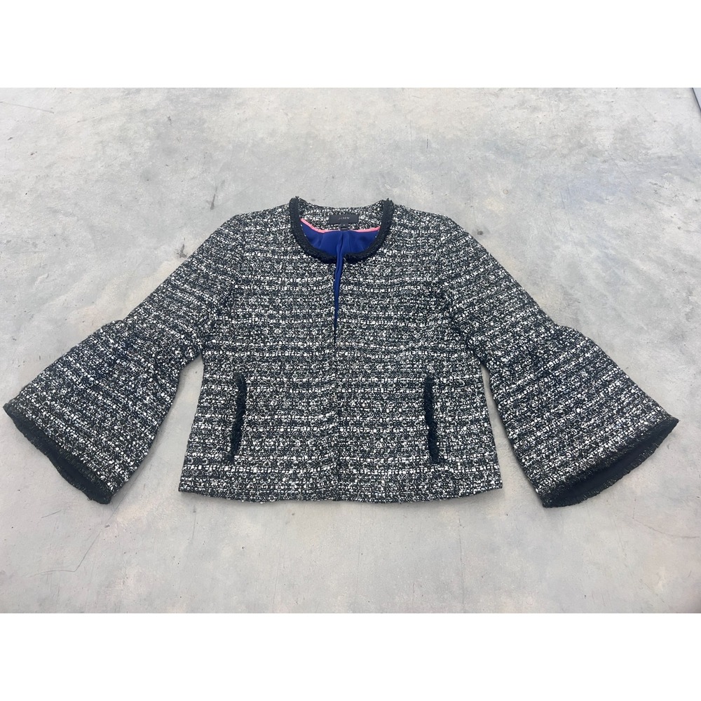 J. Crew Jacket Womens 10 Black White Sequin Tweed Open Front Bell Sleeve Winter